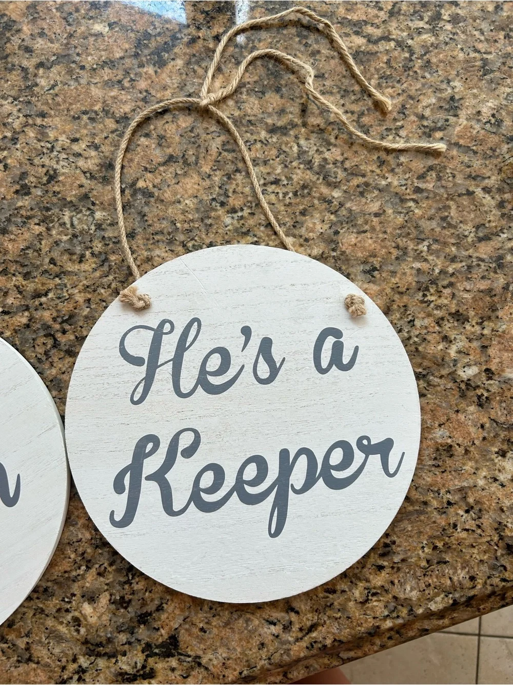 He's a Keeper / She's a Catch Round Wooden Signs - White with Gray Script